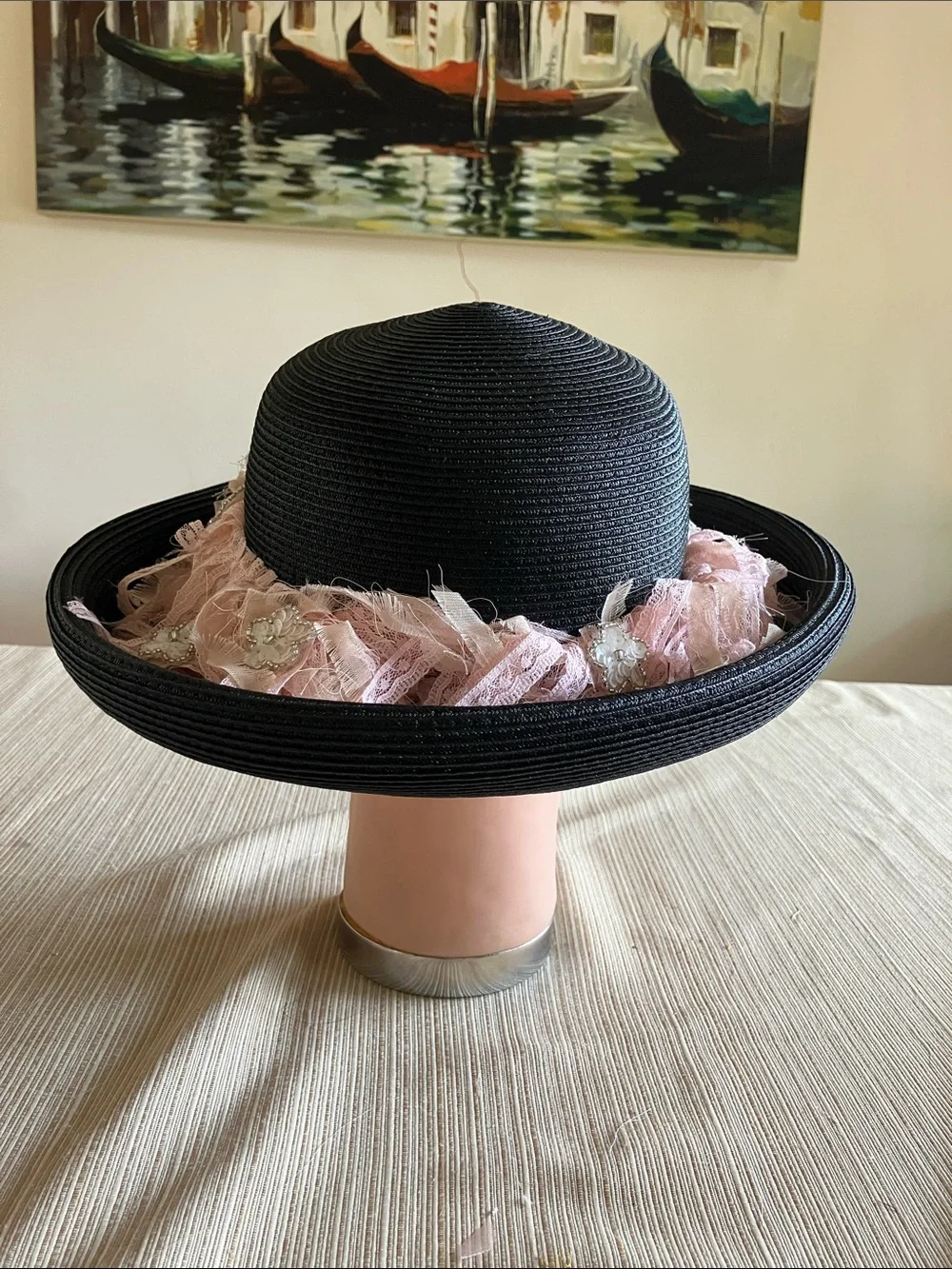 Chic Black Wide-Brim Hat with Pink Lace Trim and White Sequined Floral Accents